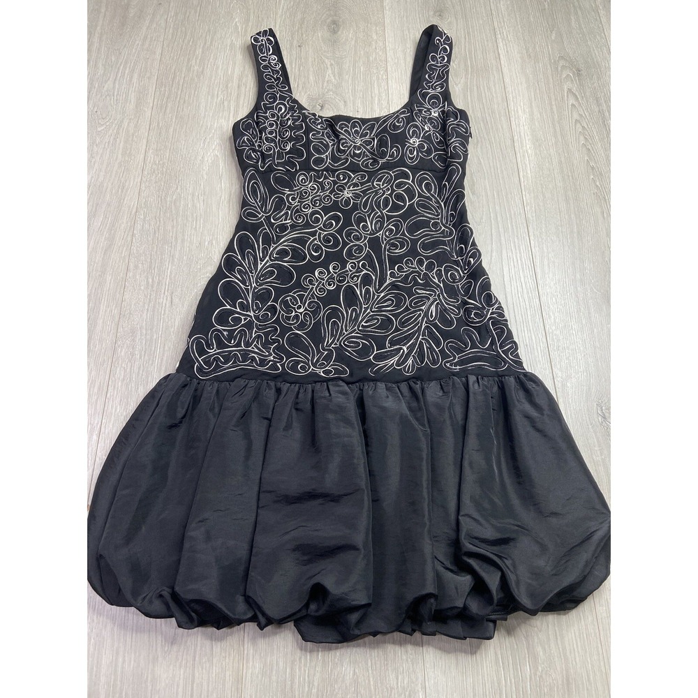 Sue Wong Dress Black White 4 Cocktail Bubble Hem Silk Soutache Lace‎ Floral